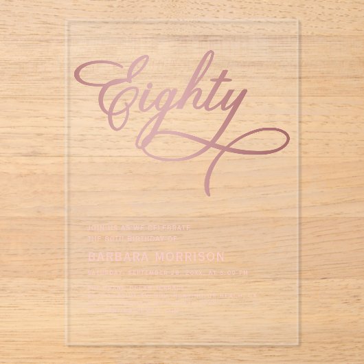 Script 80 Black Roos Gold 80th Birthday Acryl Uitnodigingen (Voorkant)