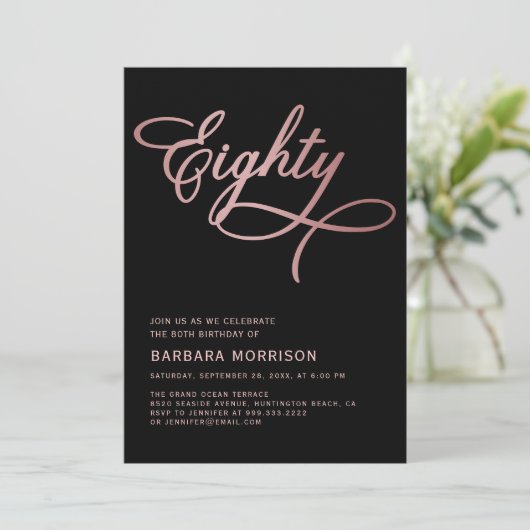 Script 80 Black Roos Gold 80th Birthday Kaart (Staand voorkant)