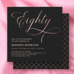 Script 80 Black Roos Gold 80th Birthday Kaart<br><div class="desc">Een bijzondere gelegenheid is de Elegant Eighty Black & Roos Gold 80th Birthday Invitation. Roos Dit prachtige ontwerp combineert de sophisticatie van zwart met de warme elegantie van goudgoud, waardoor een luxe en tijdloze look ontstaat. Perfect voor het vieren van een belangrijke mijlpaal, deze uitnodiging zal de toon zetten voor...</div>