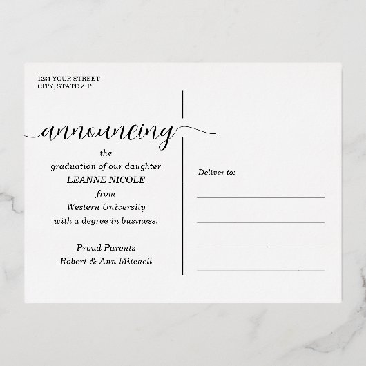 Script Afstuderen Announcement Folie Briefkaart (Achterkant)