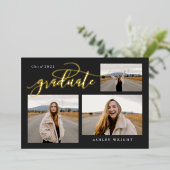 Script Afstuderen Eenvoudig 3 Foto Collage Feest F Folie Uitnodiging (Staand Voorkant)