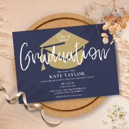 Script Afstuderen Navy Blauw En Goud Afstudeerfees Kaart
