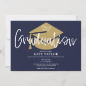 Script Afstuderen Navy Blauw En Goud Afstudeerfees Kaart (Voorkant)