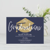 Script Afstuderen Navy Blauw En Goud Afstudeerfees Kaart (Staand voorkant)