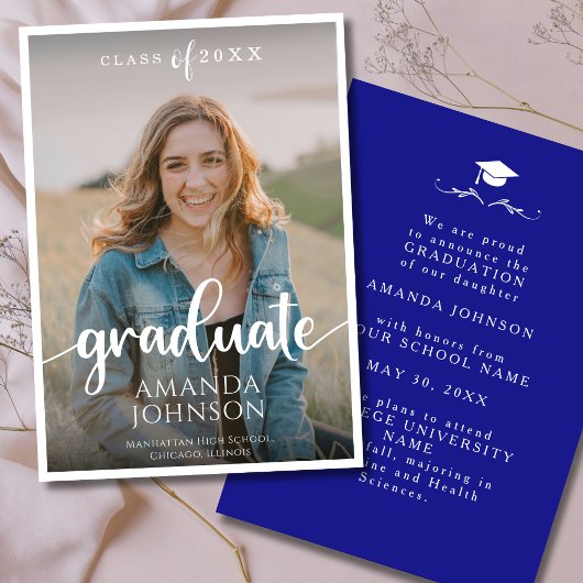 Script Afstuderen Navy Blue Photo Afstuderen Aankondiging