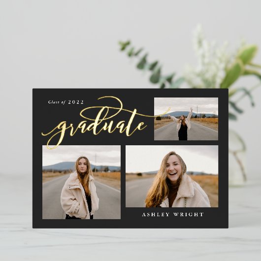 Script Afstuderen Simple 3 Photo Collage Party Foi Folie Uitnodiging (Staand Voorkant)