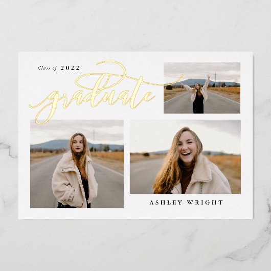 Script Afstuderen Simple 3 Photo Collage Party Folie Uitnodiging (Voorkant)