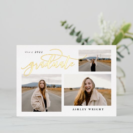 Script Afstuderen Simple 3 Photo Collage Party Folie Uitnodiging (Staand Voorkant)