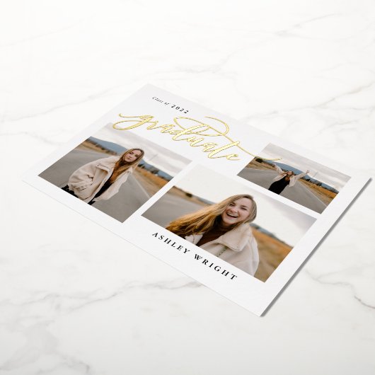 Script Afstuderen Simple 3 Photo Collage Party Folie Uitnodiging (Gedraaid)