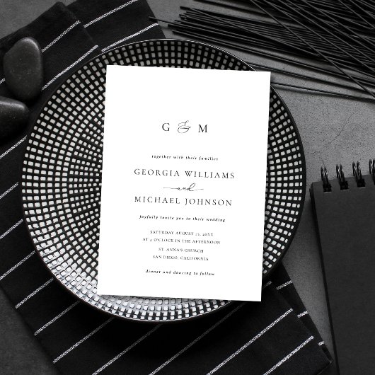 Script Ampersand Monogram White Wedding Invitation Kaart