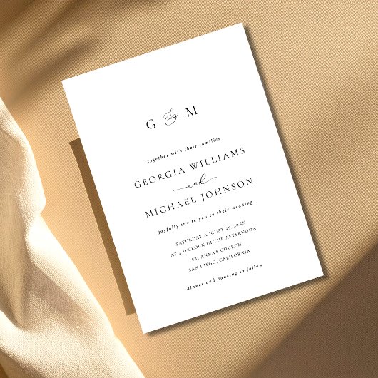 Script Ampersand Monogram White Wedding Invitation Kaart