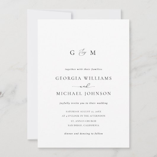 Script Ampersand Monogram White Wedding Invitation Kaart (Voorkant)