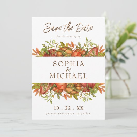 Script Autumn Pumpkins Herfst Botanicals Save The Date (Staand voorkant)