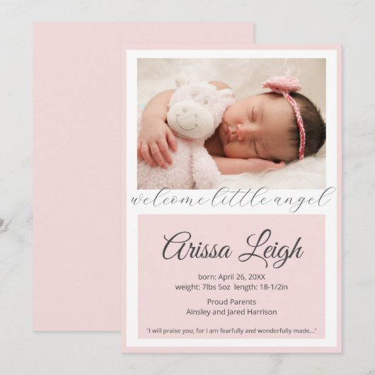 Script Baby Meisje Geboorte Aankondiging Kaart (Voorkant / Achterkant)