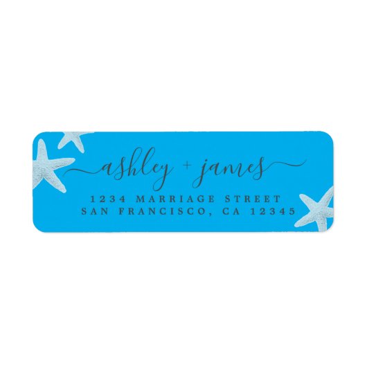 Script Beach Starfish Blue Weduwadres Etiket (Voorkant)