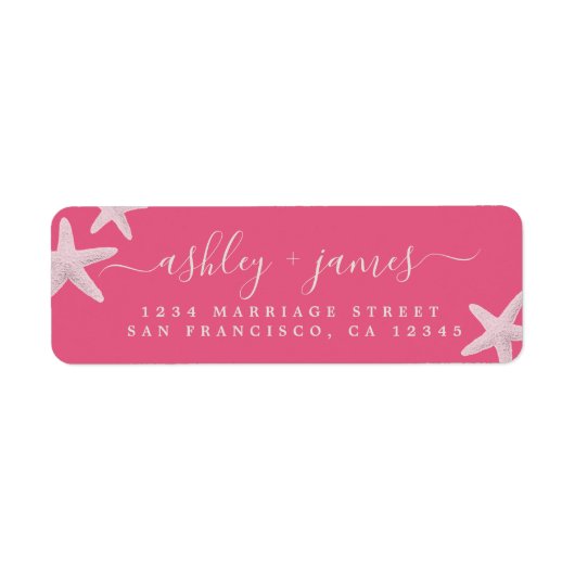 Script Beach Zeester Roze Huwelijk Retouradres Etiket (Voorkant)