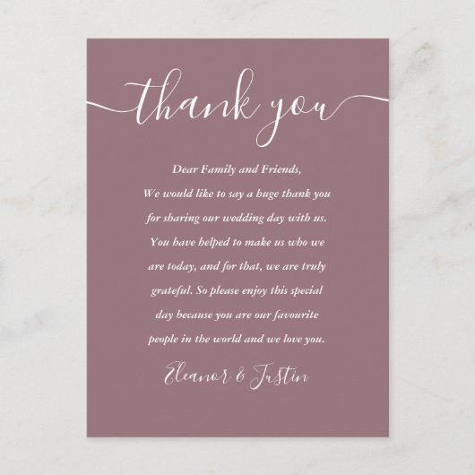 Script Bedankt Mauve Wedding Place Card Briefkaart (Voorkant)
