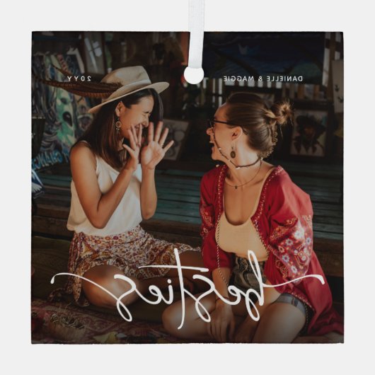 Script Bestie Photo Keepsake Gift Glas Ornament (Achterkant)