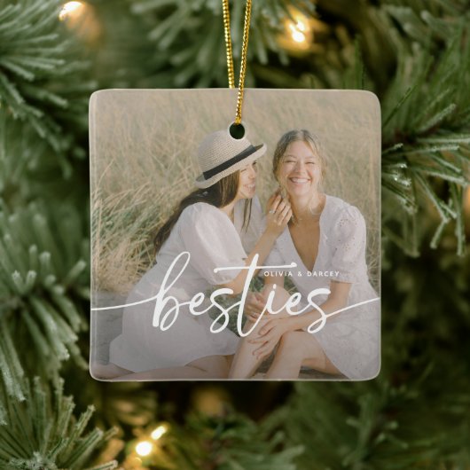 Script Besties 2x Photo Personalized Keramisch Ornament (Boom)
