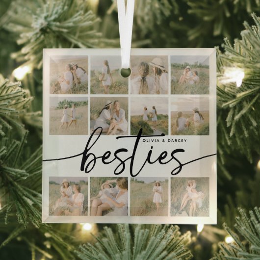 Script Besties Photo Collage Personalized Glas Ornament (Insitu)