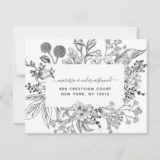 Script Black White Floral Botanical Personalized N Notitiekaartje (Voorkant)