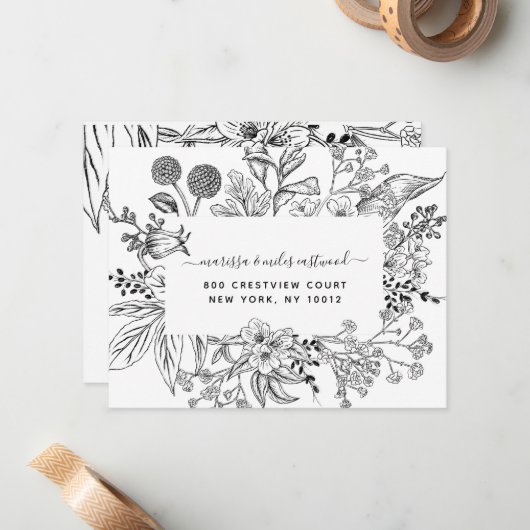 Script Black White Floral Botanical Personalized N Notitiekaartje (Voorkant / Achterkant in situ)