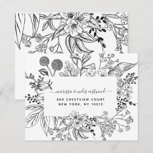 Script Black White Floral Botanical Personalized N Notitiekaartje (Voorkant / Achterkant)
