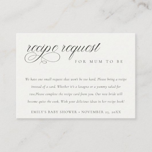 Script Black White Recipe Request Baby shower Informatiekaartje (Voorkant)