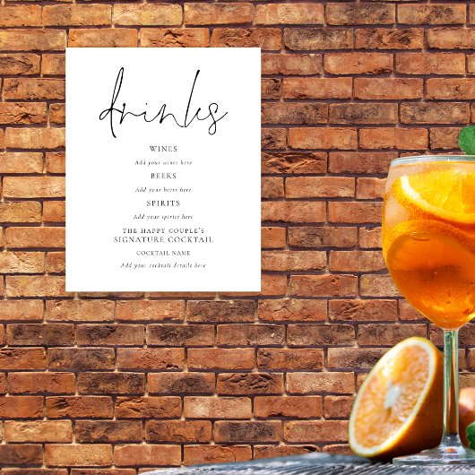 Script Black White Wedding Drinken Bar Sign Poster