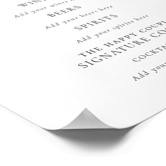 Script Black White Wedding Drinken Bar Sign Poster (Hoek)