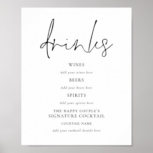 Script Black White Wedding Drinken Bar Sign Poster (Voorkant)