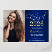 Script Blauw 2026 Foto Afsluitingsfeest Goud Folie Uitnodiging (Voorkant)