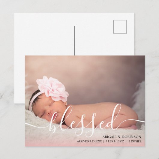 Script Bless Baby Girl Fotoroze aankondiging P Briefkaart (Voorkant / Achterkant)