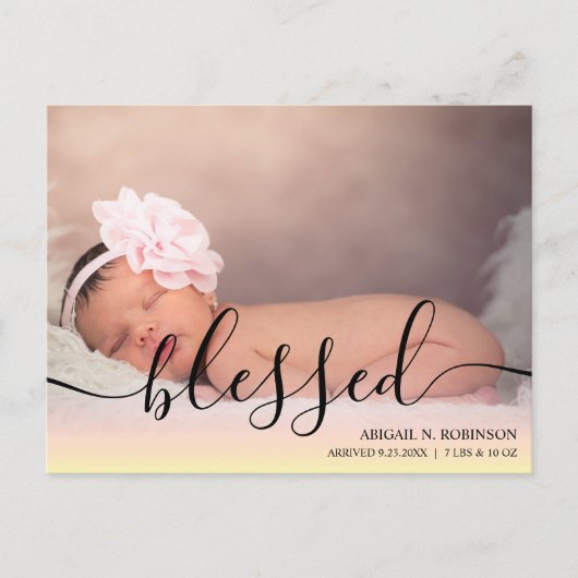 Script Bless Baby Girl Fotoroze aankondiging P Briefkaart (Voorkant)