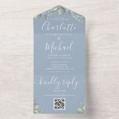 Script Bloem QR Code Stofblauw Huwelijk  All In One Uitnodiging (Binnen)