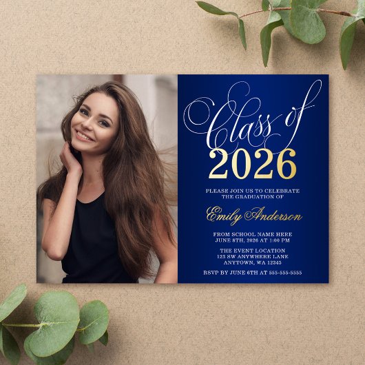 Script Blue 2025 Photo Graduation Party Gold Folie Uitnodiging
