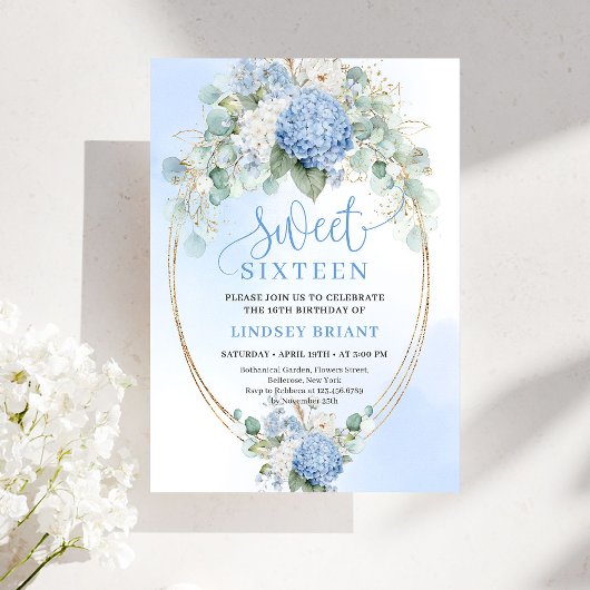 Script Blue Floral Gold Sweet 16 Birthday Invites Kaart