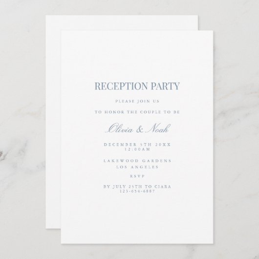 Script Blue & White Reception Invitation Kaart (Voorkant / Achterkant)