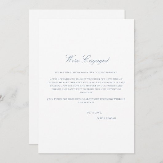 Script Blue & White Verloving Announcement Kaart (Voorkant / Achterkant)