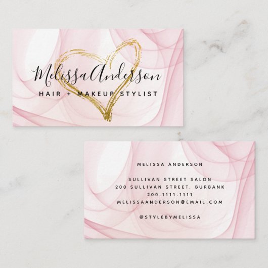 Script Blush Pink Waterverf Gold Foil Heart Visitekaartje (Voorkant / Achterkant)