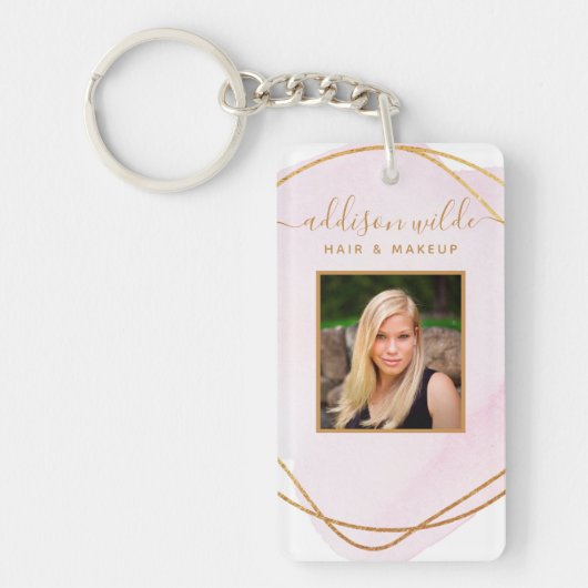Script Blush Roze Waterverf Goud Cirkel Salon ID Sleutelhanger (Voorkant)