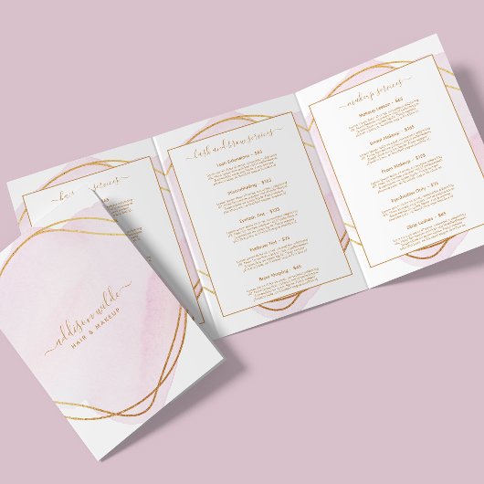 Script Blush Roze Waterverf Gouden Salon Brochure Drieluik Kaart