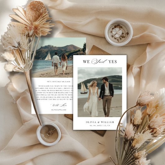 Script Boho Modern We Said Yes Beach Wedding Photo Aankondiging