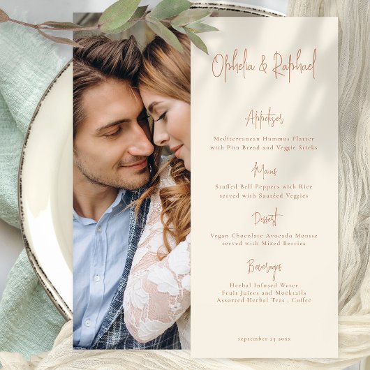 Script Boho Photo Cream Bruiloft Menu Kaart