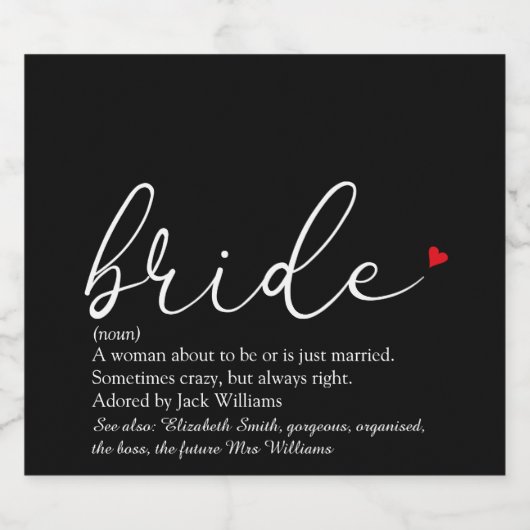 Script Bride Definition Vrijgezellenfeest Zwart Ro Sparkling Wijnetiket (Enkel label)
