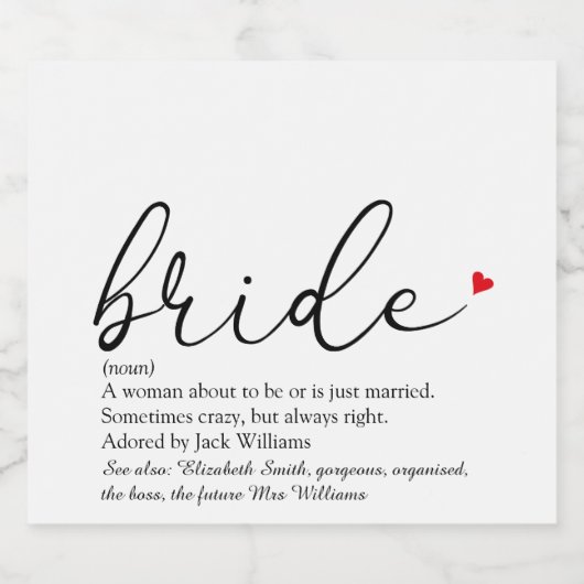 Script Bruid Definitie Bruidsfeest Huwelijk Sparkling Wijnetiket (Enkel label)