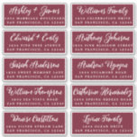 Script Bruiloft Gast Adreslabels Bourgondië Sticker<br><div class="desc">Makkelijk te personaliseren, namen en adressen / individuele adreslabelstickers voor trouwgasten uitnodigingen. Deze chic, modern en stijlvolle trouwadreslabels hebben de namen van je trouwgasten in witte elegante handgeschreven kalligrafie op een bordeauxrode achtergrond. Voeg eenvoudig de namen en adressen van je individuele trouwgasten toe. Exclusief voor jou ontworpen door Happy Dolphin...</div>