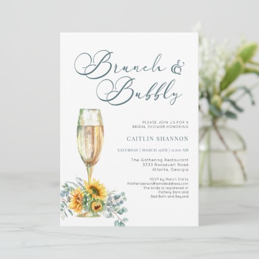 Script Brunch en bubbels Bruiloft met zonnebloemen Kaart (Staand voorkant)