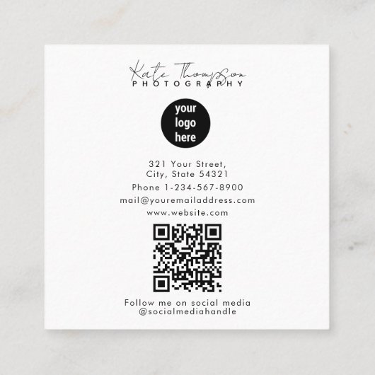 Script Business Logo Photographer Foto QR-code Vierkante Visitekaartje (Achterkant)