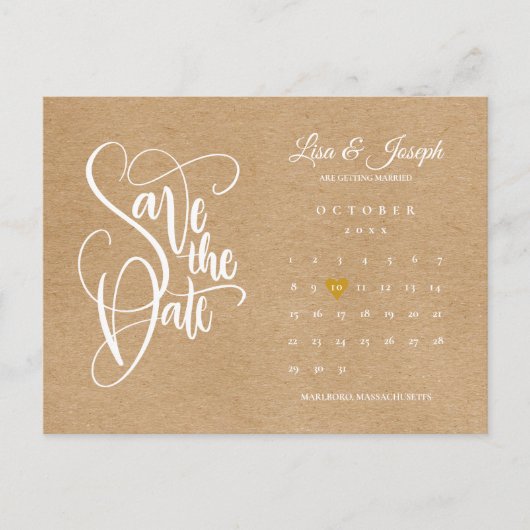 Script Calendar Save the Date Gold Heart Briefkaar Aankondigingskaart (Voorkant)